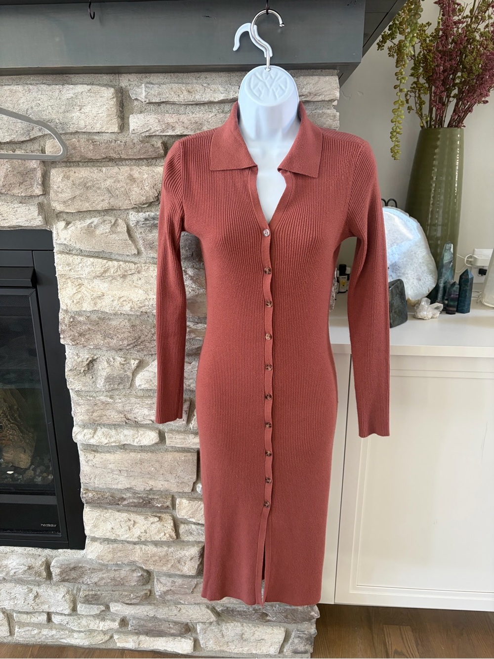 Lulu's Rust Ribbed Button-Front Midi Dress - Picture 4 of 5